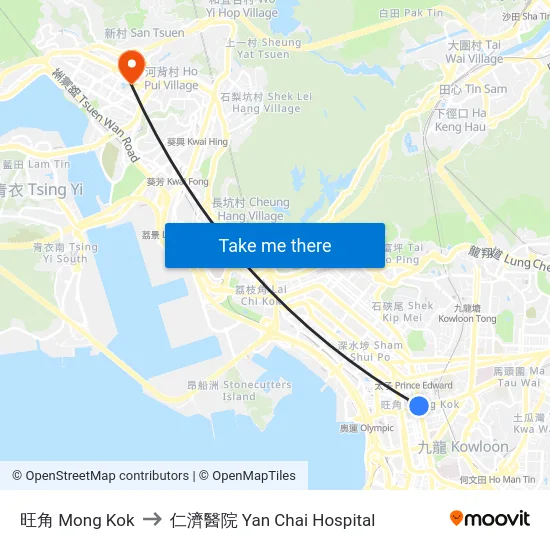 旺角 Mong Kok to 仁濟醫院 Yan Chai Hospital map