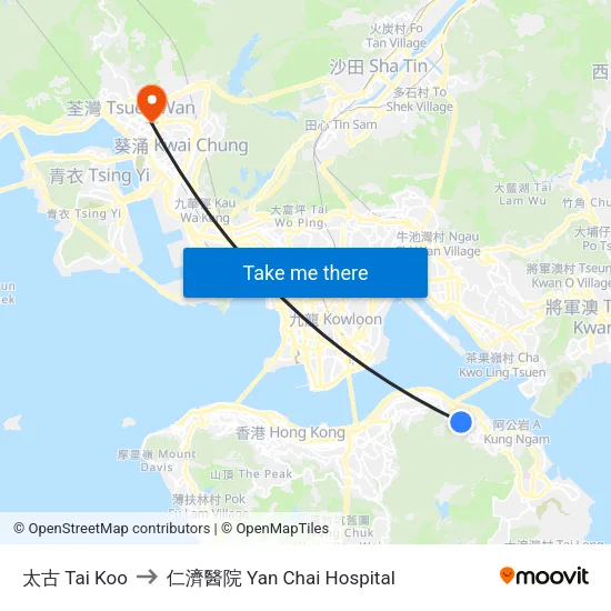 太古 Tai Koo to 仁濟醫院 Yan Chai Hospital map