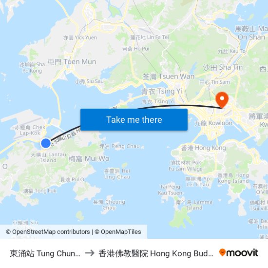 東涌站 Tung Chung Station to 香港佛教醫院 Hong Kong Buddhist Hospital map