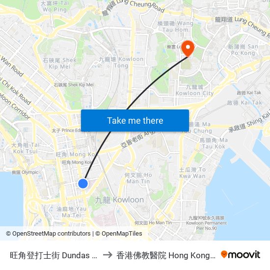 旺角登打士街 Dundas Street Mong Kok to 香港佛教醫院 Hong Kong Buddhist Hospital map