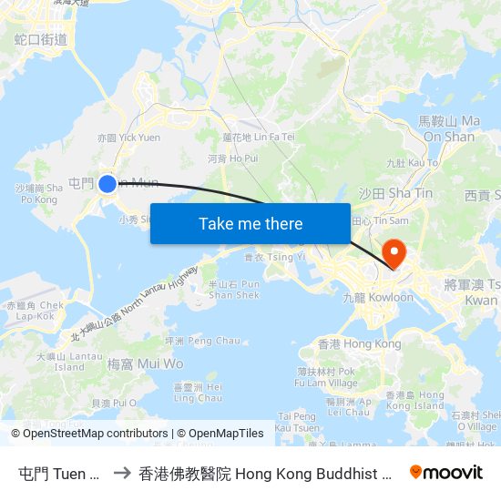 屯門 Tuen Mun to 香港佛教醫院 Hong Kong Buddhist Hospital map