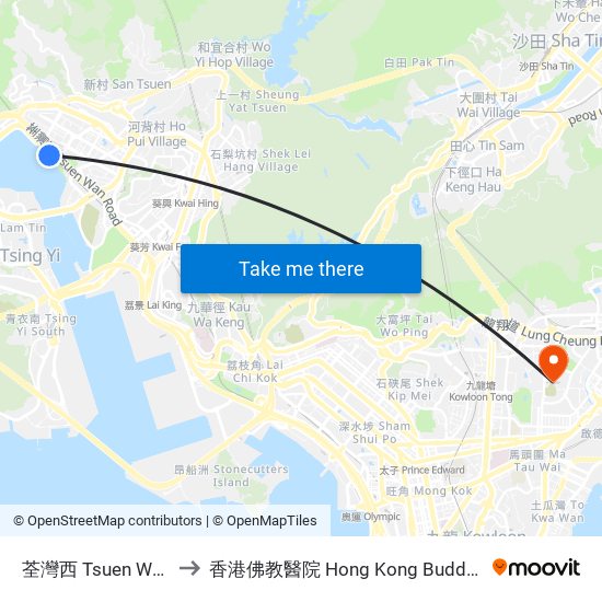 荃灣西 Tsuen Wan West to 香港佛教醫院 Hong Kong Buddhist Hospital map