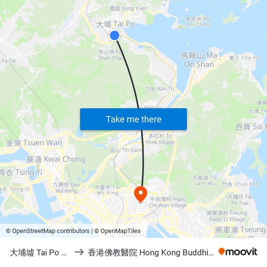 大埔墟 Tai Po Market to 香港佛教醫院 Hong Kong Buddhist Hospital map