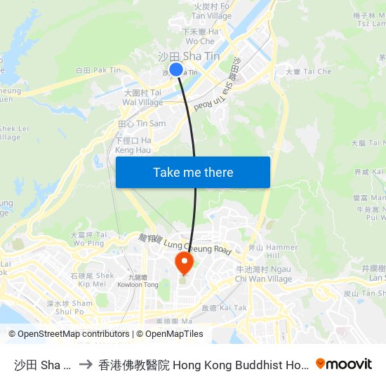 沙田 Sha Tin to 香港佛教醫院 Hong Kong Buddhist Hospital map