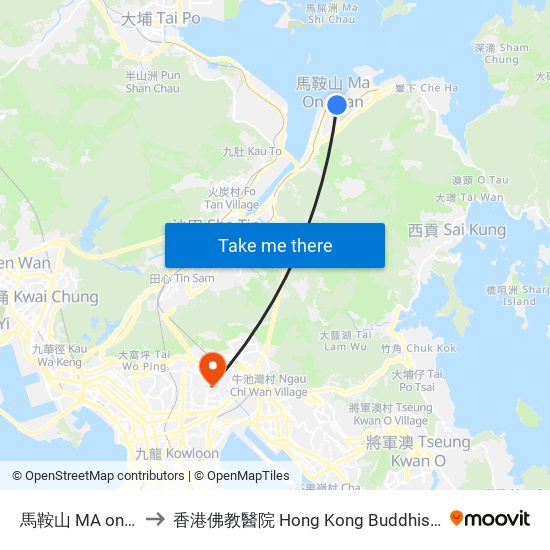 馬鞍山 MA on Shan to 香港佛教醫院 Hong Kong Buddhist Hospital map