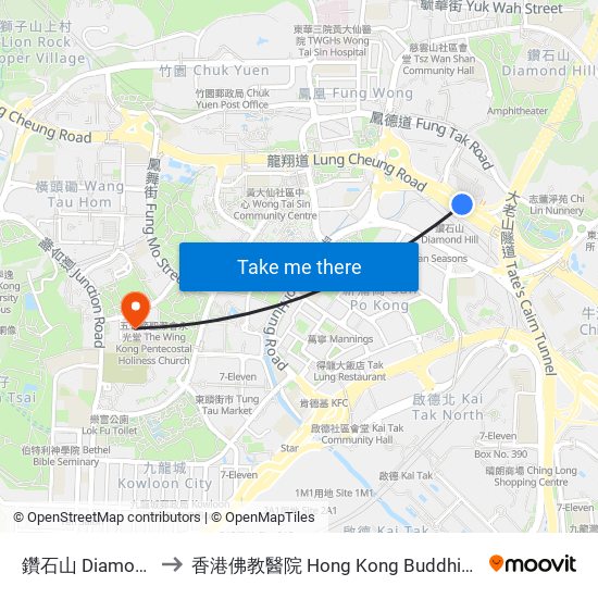 鑽石山 Diamond Hill to 香港佛教醫院 Hong Kong Buddhist Hospital map