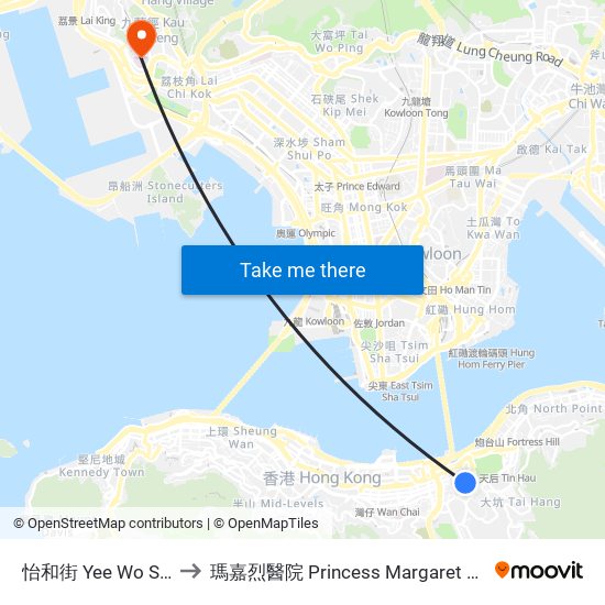 怡和街 Yee Wo Street to 瑪嘉烈醫院 Princess Margaret Hospital map