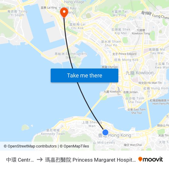 中環 Central to 瑪嘉烈醫院 Princess Margaret Hospital map