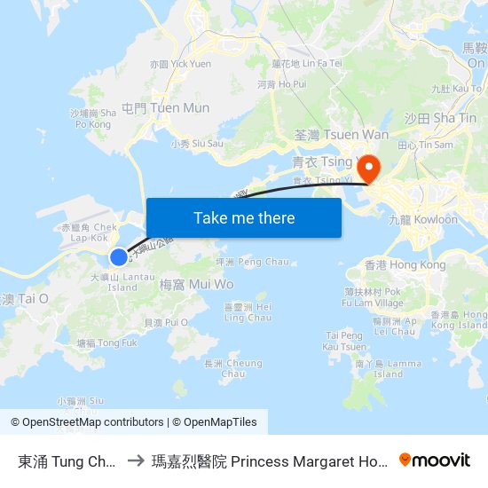 東涌 Tung Chung to 瑪嘉烈醫院 Princess Margaret Hospital map