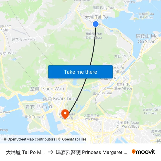 大埔墟 Tai Po Market to 瑪嘉烈醫院 Princess Margaret Hospital map