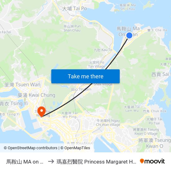 馬鞍山 MA on Shan to 瑪嘉烈醫院 Princess Margaret Hospital map