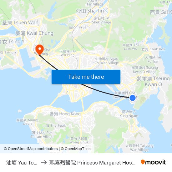 油塘 Yau Tong to 瑪嘉烈醫院 Princess Margaret Hospital map