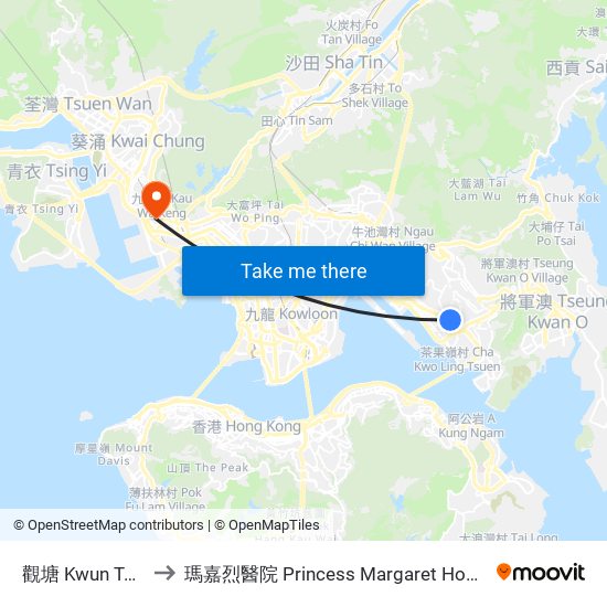 觀塘 Kwun Tong to 瑪嘉烈醫院 Princess Margaret Hospital map