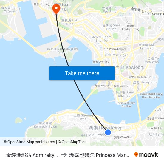 金鐘港鐵站 Admiralty Mtr Station to 瑪嘉烈醫院 Princess Margaret Hospital map