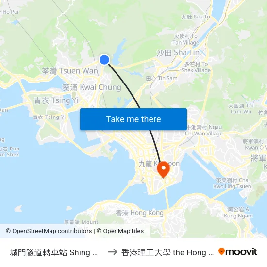 城門隧道轉車站 Shing Mun Tunnels Bus Interchange to 香港理工大學 the Hong Kong Polytechnic University map