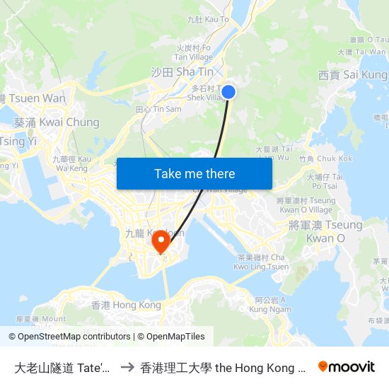 大老山隧道 Tate's Cairn Tunnel to 香港理工大學 the Hong Kong Polytechnic University map