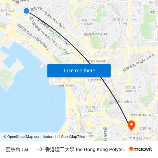 荔枝角 Lai Chi Kok to 香港理工大學 the Hong Kong Polytechnic University map
