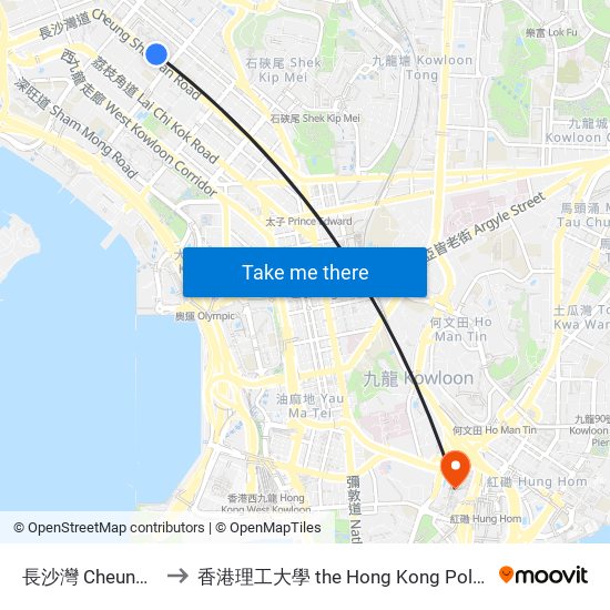 長沙灣 Cheung Sha Wan to 香港理工大學 the Hong Kong Polytechnic University map