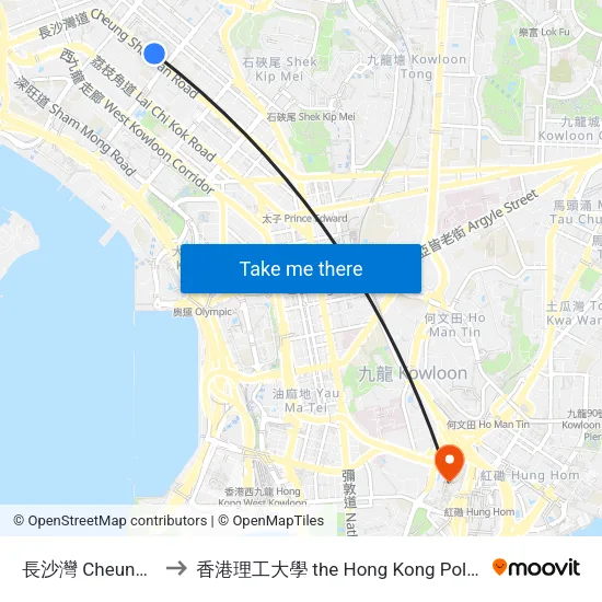 長沙灣 Cheung Sha Wan to 香港理工大學 the Hong Kong Polytechnic University map