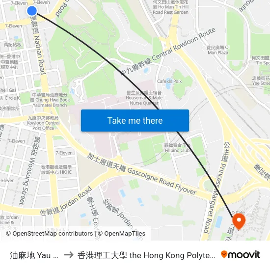 油麻地 Yau MA Tei to 香港理工大學 the Hong Kong Polytechnic University map