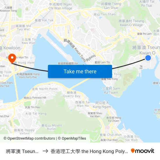 將軍澳 Tseung Kwan O to 香港理工大學 the Hong Kong Polytechnic University map