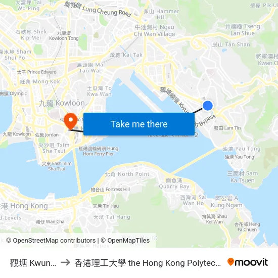 觀塘 Kwun Tong to 香港理工大學 the Hong Kong Polytechnic University map