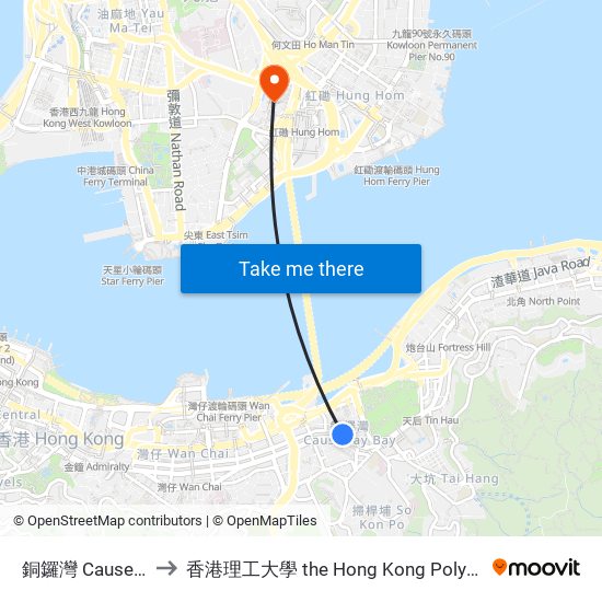 銅鑼灣 Causeway Bay to 香港理工大學 the Hong Kong Polytechnic University map