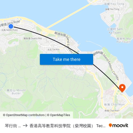 琴行街 Kam Hong Street to 香港高等教育科技學院（柴灣校園） Technological And Higher Education Institute Of Hong Kong (Chai Wan Campus) map