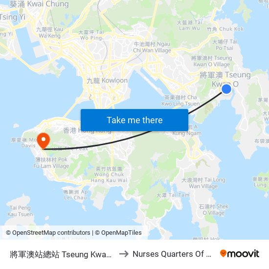 將軍澳站總站 Tseung Kwan O Station Bus Terminus to Nurses Quarters Of Queen Mary Hospital map