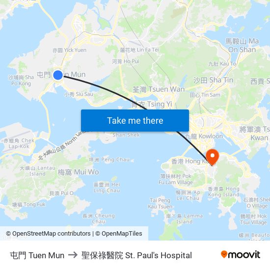 屯門 Tuen Mun to 聖保祿醫院 St. Paul's Hospital map