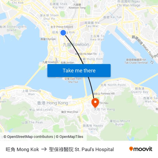 旺角 Mong Kok to 聖保祿醫院 St. Paul's Hospital map