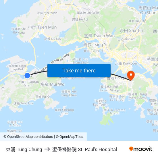 東涌 Tung Chung to 聖保祿醫院 St. Paul's Hospital map