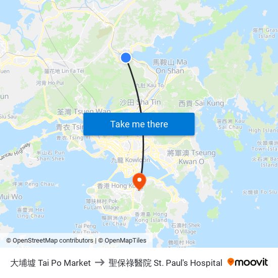 大埔墟 Tai Po Market to 聖保祿醫院 St. Paul's Hospital map