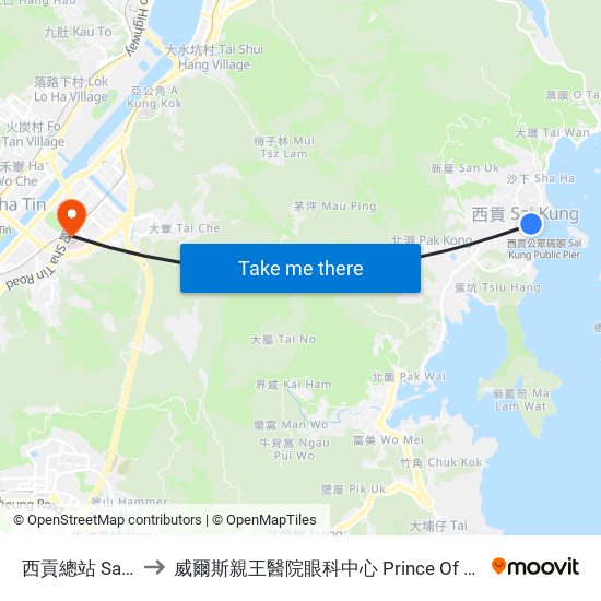 西貢總站 Sai Kung B/T to 威爾斯親王醫院眼科中心 Prince Of Wales Hospital Eye Centre map