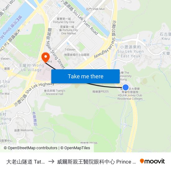 大老山隧道 Tate's Cairn Tunnel to 威爾斯親王醫院眼科中心 Prince Of Wales Hospital Eye Centre map