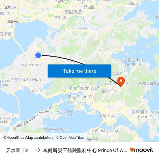 天水圍 Tin Shui Wai to 威爾斯親王醫院眼科中心 Prince Of Wales Hospital Eye Centre map