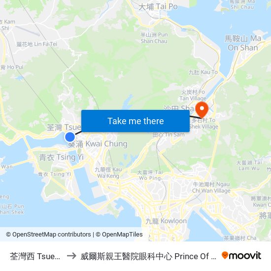 荃灣西 Tsuen Wan West to 威爾斯親王醫院眼科中心 Prince Of Wales Hospital Eye Centre map