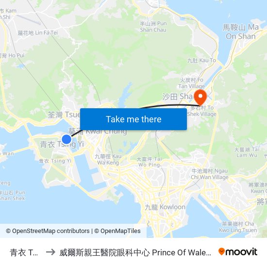 青衣 Tsing Yi to 威爾斯親王醫院眼科中心 Prince Of Wales Hospital Eye Centre map