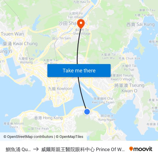 鰂魚涌 Quarry Bay to 威爾斯親王醫院眼科中心 Prince Of Wales Hospital Eye Centre map