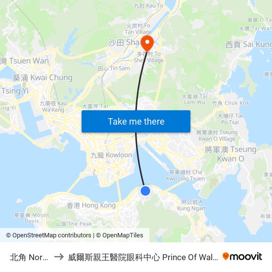 北角 North Point to 威爾斯親王醫院眼科中心 Prince Of Wales Hospital Eye Centre map