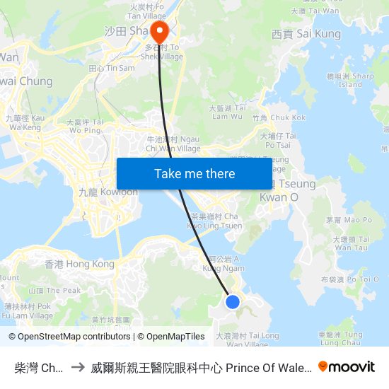 柴灣 Chai Wan to 威爾斯親王醫院眼科中心 Prince Of Wales Hospital Eye Centre map