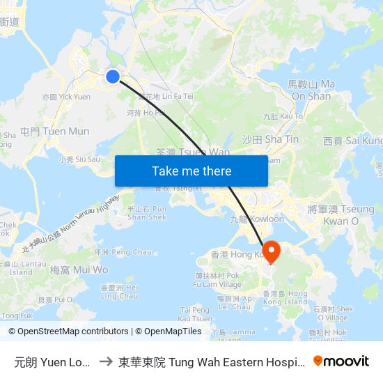 元朗 Yuen Long to 東華東院 Tung Wah Eastern Hospital map