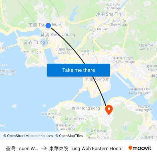 荃灣 Tsuen Wan to 東華東院 Tung Wah Eastern Hospital map