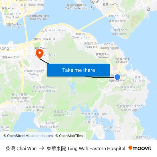 柴灣 Chai Wan to 東華東院 Tung Wah Eastern Hospital map