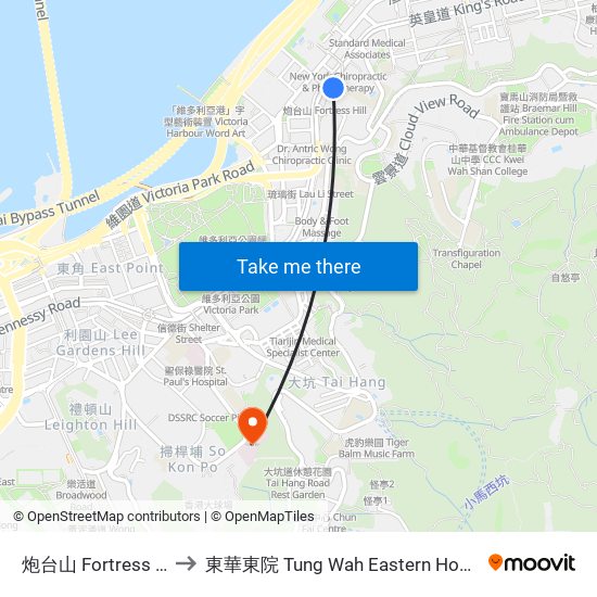 炮台山 Fortress Hill to 東華東院 Tung Wah Eastern Hospital map