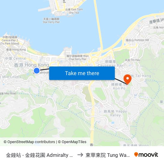 金鐘站 Admiralty Station to 東華東院 Tung Wah Eastern Hospital map