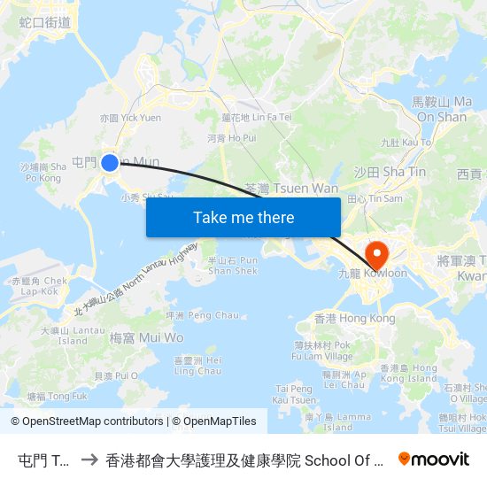 屯門 Tuen Mun to 香港都會大學護理及健康學院 School Of Nursing And Health Studies, Hkmu map