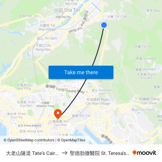 大老山隧道 Tate's Cairn Tunnel to 聖德肋撒醫院 St. Teresa's Hospital map