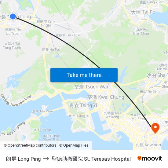 朗屏 Long Ping to 聖德肋撒醫院 St. Teresa's Hospital map