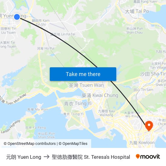 元朗 Yuen Long to 聖德肋撒醫院 St. Teresa's Hospital map